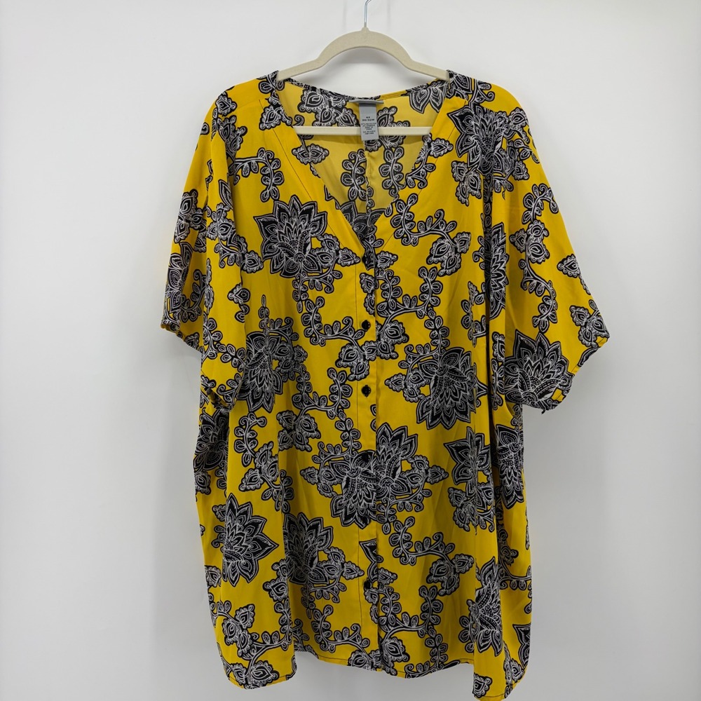 Catherines Size 4X Yellow Floral Paisley V-Neck Short Sleeve Button Front Blouse